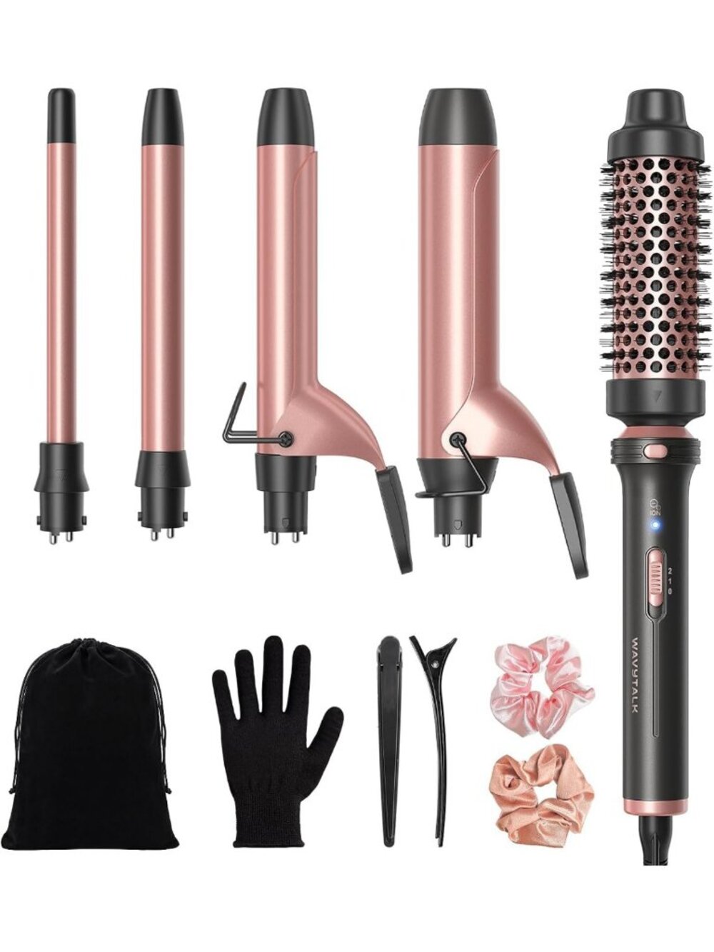 5-in-1 Curling Iron Set & Heated Round Brush for Effortless Blowout Style